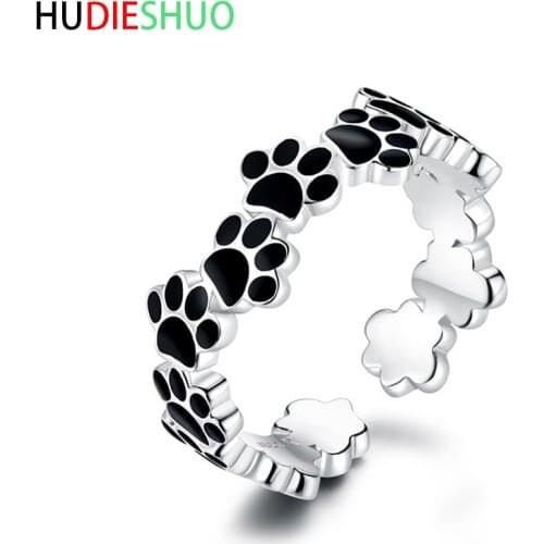 HUDIESHUO Lovely Animal Black Footprint Bears Dogs Paws anillos mujer s925Silver Open Rings for Women Jewelry bagues pour femme