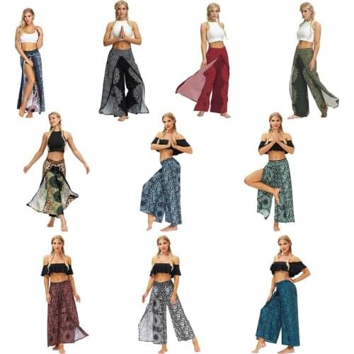 Womens Boho Pants Harem Smocked Waist Yoga Hippie Palazzo Summer Beach Pants Stacked Leggings