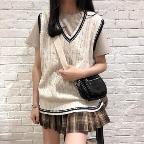2021 Autumn Winter Preppy Style V Neck Knitted Sleeveless Sweater Vest Women Pullovers School Girl Outfit