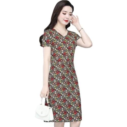 Mom Summer Women Short-Sleeved Dress New Floral Slim Dresses Female Middle-Aged Thin V-Neck fashion Summer Lady Dress Plus Size