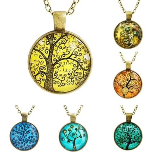 Retro Colorful Big Tree of Life Gem Pendant Necklace for Women Fantasy Gear Glass Sweater Chain Jewlery Fashion Trend New 2021