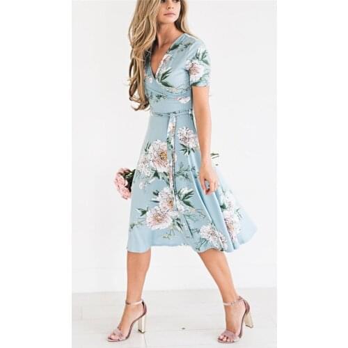 Women Boho Casual Floral Dress Short Sleeve Evening Party Dresses Summer Beach Sundress Midi Dress Clothing