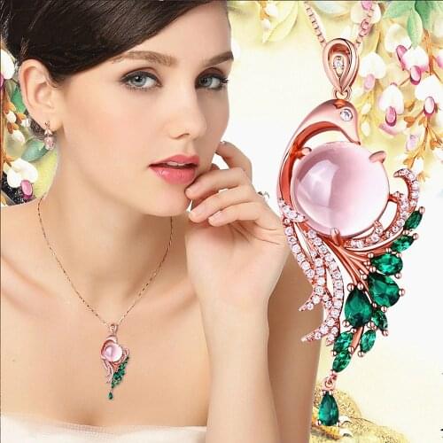 Vintage phoenix pink crystal emerald gemstones zircon diamonds pendant necklaces for women rose gold tone jewelry bijoux gifts