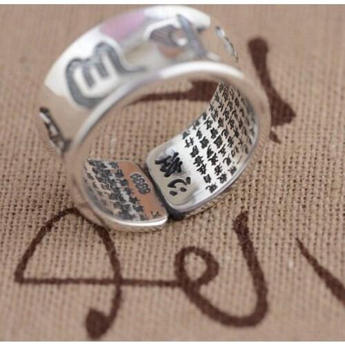 100% Real 990 Sterling Silver Heart Sutra vintage ring rings jewelry adjustable A732