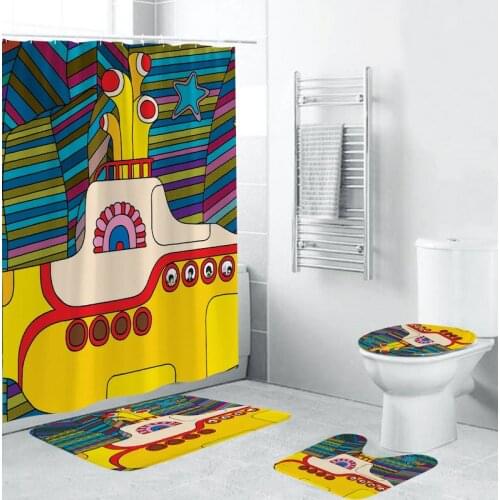 4 Pieces/Set Of Colorful Boat Design Shower Curtain Mat Cover Non-Slip Carpet Bathroom Bath Carpet