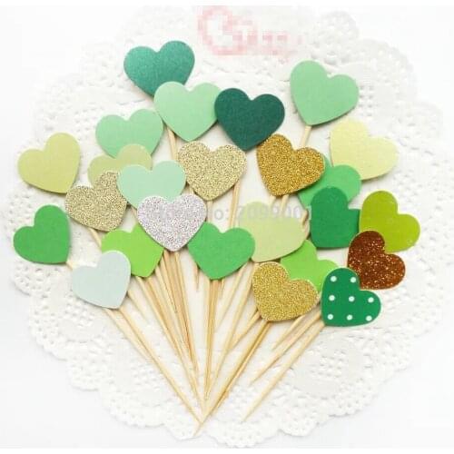 50pcs Gold Green Heart Cake Toppers Wedding Cake Topper,Jungle theme Baby shower Party Cake Decor Cupcake stand Chic food sticks