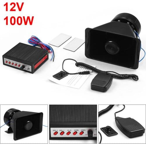 12V 100W 5 Tone Sounds Car Warning Alarm Police Siren Horn Vehicle Horn Speaker With Mic Pa System TT102145