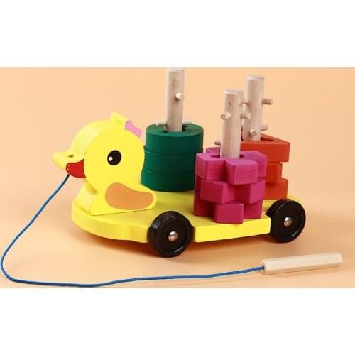 Wooden Dragging Blocks Toys Baby Duck Vehicle Blocks Set Of Column Blocks Monterssori Educational For Children