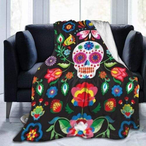 Fleece Blankets Mexican Sugar Skulls Day of The Dead Flowers Ultra Soft Flannel Blanket All Season Living Room Bedroom Warm