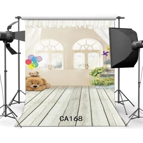 Photography Backdrop European French Sash Balloon Bear Nostalgia Stripe Wooden Floor Toddlers Portraits Background