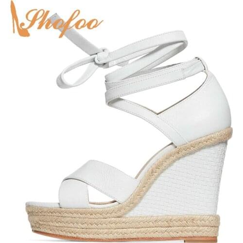 Rome Gladiator Solid White Lace-up Cross-Tied Platform Super High Wedges Heels Ankle-Wrap Leisure Fashion Concise 2021 Summer