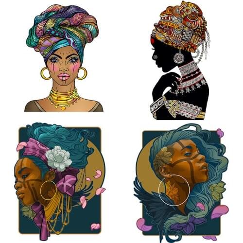 India Flower Black Girl Thermo Heat Transfer Sticker On Clothes DIY African Women T-Shirt Iron On Patches For Clothing Applique