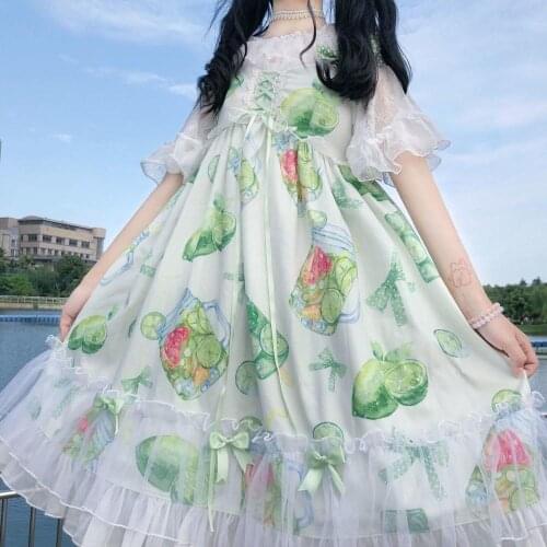 Kawaii Lolita Lime A Summer Lolita Jsk Small Fresh Green Print Suspenders Lolita Women Sweet Dress Kawaii Girl Gothic Dress