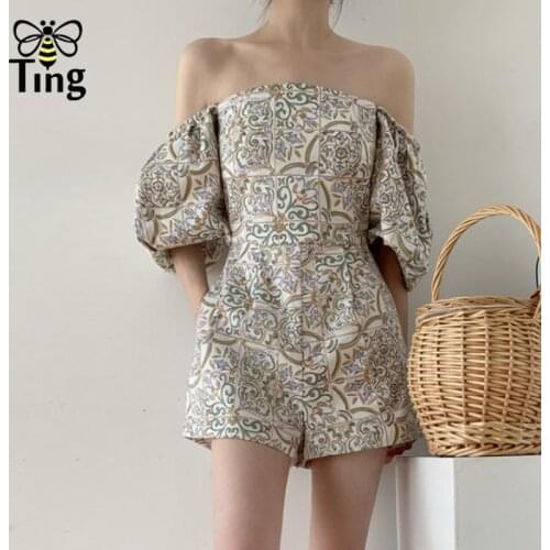 Tingfly Designer Vintage Floral Summer Casual Playsuits Sexy Slash Collar Puff Sleeve Short Jumpsuits Streetwear Overalls Zaful