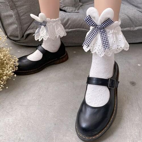 Sweet Rabbit Bunny Ears Plaid Bow Short Crew Socks Lolita Kawaii Lace Hosiery 6XDA