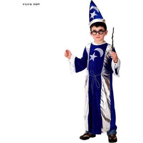 Blue Boys Halloween Master Wizard Costume Kids Children Magic Robe Magician Cosplay Carnival Purim parade Stage Play party dress