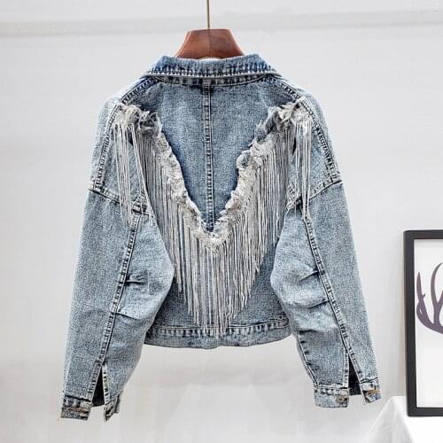 Heavy Work Sequins Tassel Long Sleeve Denim Jacket Coat Women Vintage Blue Student Outerwear Loose Short Jeans Jackets Female