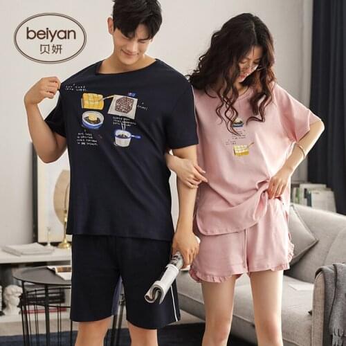 Summer Thin Cotton Couples Pajamas Lovely Short Sleeve Household Pyjamas Mens Suits