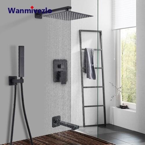 Matte Black Concealed Shower Faucet Set Embedded Cartridge Faucet Rainfall Shower Head Rotate/Waterfall Bath Spout Mixer Tap