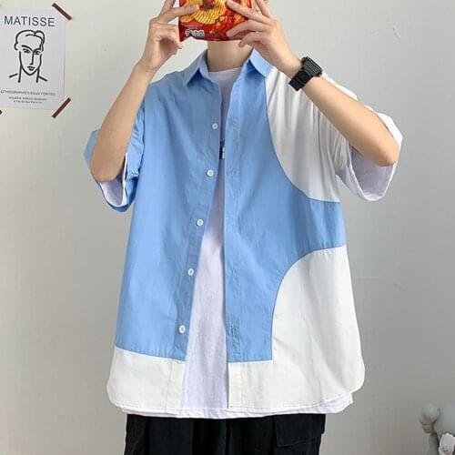 Fashion Color Contrast Short Sleeves Turn-down Collar Men Loose Casual Top Shirt Mens Clothing Trend Casual