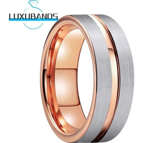 Rose Gold Men Wemens Wedding Bands 8/6MM Flat Center Grooved Tungsten Engagement Rings Brushed Finished Comfort Fit