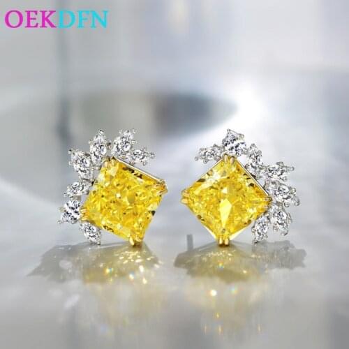 OEKDFN Real 925 Sterling Silver Stud Earrings For Women 10*10MM Sparkling Citrine Zircon Gemstone Jewelry Party Wedding Earrings
