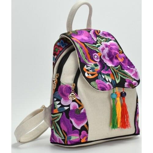Womens Flowers Embroidery Backpack Girls Fashion National style Mini Creative Handmade Cotton Backpack Ladies Tassel Bagpack