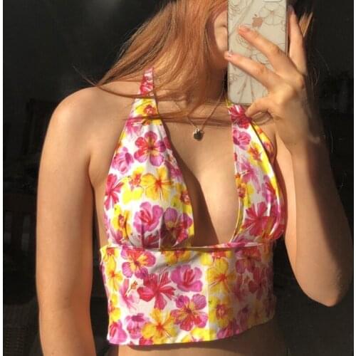Sexy Backless Y2K Cute Camisole Summer Floral Print V-neck Cropped Corset Tops Clubwear Korean Vintage Shirts 90s
