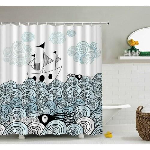 Cartoon Waves Boat Boy 3d Shower Curtains Bathroom Waterproof Bathroom Curtains Polyester Fabric Printed Bath Screen Mat