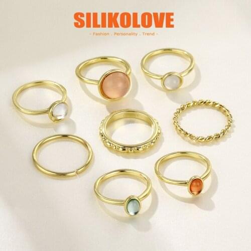 SILIKOLOVE Personality Gemstones Engagement Rings Set for Women Popular 8 Pieces of Zinc Alloy Knuckle Rings