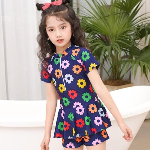 2021 Summer New Floral Short Sleeve One Piece Swimsuit for Girls Boxers Skirt Sweet Cute Hot Spring Toddler Girl Bathing Suit