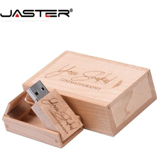 JASTER 1PCS Free Custom Logo Wood USB+Box Metal Keychain USB Flash Drive Pendrive 64GB 32GB 16GB U Disk Photography Wedding Gift