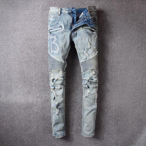 Vintage Ripped Letter Jeans Men Light Blue Sliced Biker Jeans Hombre Streetwear Skinny Denim Pants Hommes Jeans For Motorcycle
