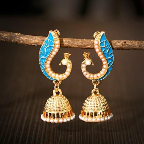 Vintage Indian Peacock Decorated Bollywood Drop Earrings Womens Bohemian Wind Bell Shaped Fashion Wedding Earrings