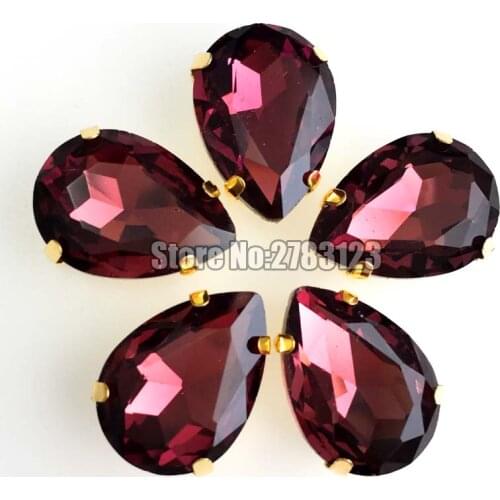 Factory sales Gold bottom wine red DR shape Glass Crystal sew on loose rhinestones with claw diy/Clothing accessories SWLJ017