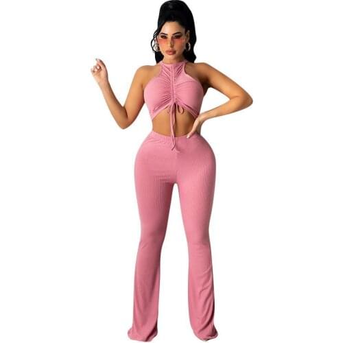 2021 Best Quality Fashion Design 2 pcs Women Set Solid Ruched Bandage O-neck Short Tops Long Pants Summer Casual Outfits