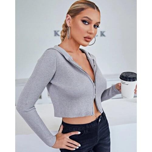 New Autumn Winter Women Sexy Double Zipper Fly Rib-knit Crop Hooded Cardigan Femme Knitted Long Sleeve Y2K Cropped Sweater Top