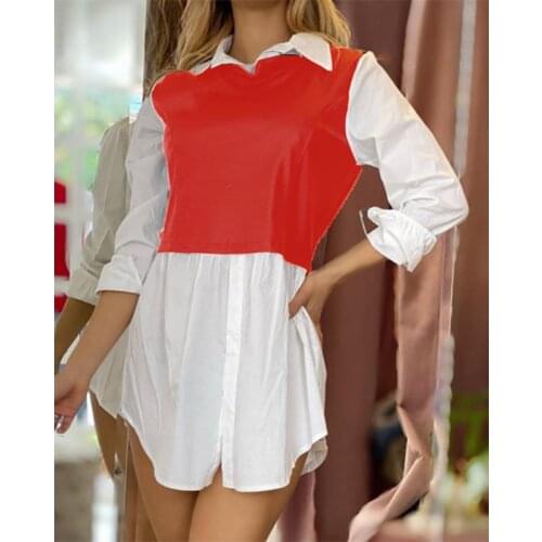 Women PU Irregular Patchwork Loose Shirt Dress 2021 Spring Summer Casual Long Sleeve Buttons White Mini Dress Party Vestidos