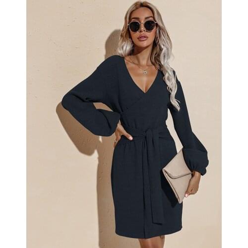 Mini Dress 2021 Autumn Knitted Woman Solid Color Long Sleeve V-Neck OL Elegant Dress High Waist Slim Pack Hip Dress