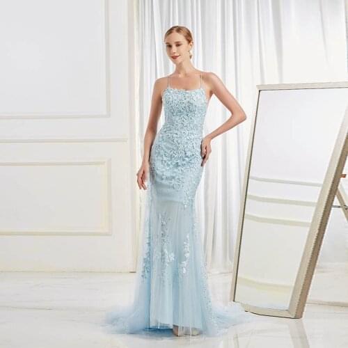 Sweet Sky Blue Long Prom Dresses Straps Tulle Lace Appliques Crystals Lce-up Party Dress Mermaid Robe De Soirée