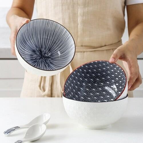 3 Pcs / Set 6 Inch Ceramic Bowl Noodle Rice Soup Dessert Tableware Pattern Relief Underglaze Embossed Non-Slip CZY1005-3S