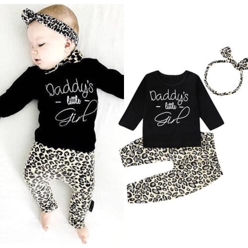 Newborn Toddler Kids Baby Girls Boys Autumn Winter 3PCS Letter Pullover Black Tops+Leopard Print Pants+Headband