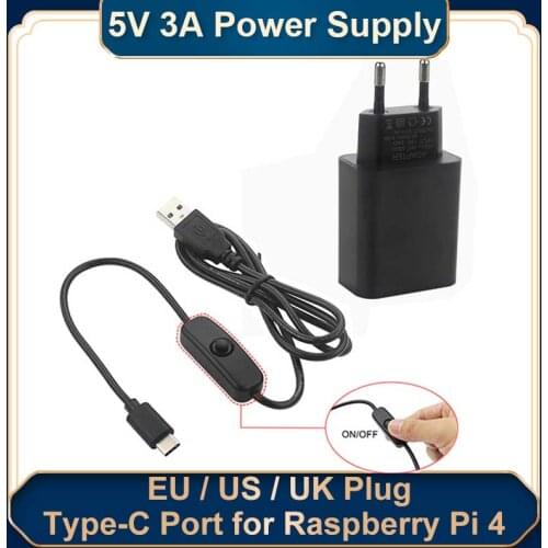 Raspberry Pi 4 5V 3A Power Adapter EU/US Plug Power Supply USB-C Micro USB Switch Button Charger Cable for Raspbery Pi 4 Model B