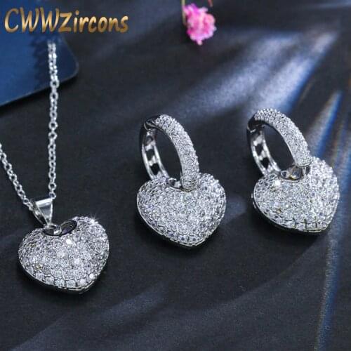 CWWZircons Fashion Cute Heart Shape Cubic Zirconia Stone Love Pendant Necklace Earrings Jewelry Sets For Ladies Gift T052