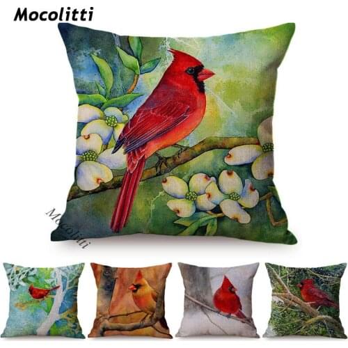 Spring Colorful Home Decoration Cushions Cover Cardinal Bird Style Water Color Art Cotton Linen Square Sofa Throw Pillow Cases