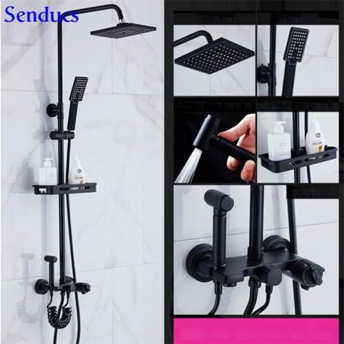Senducs Black Thermostatic Shower Set with Black Bathroom Toilet Bidet Black Shower System 38 Temperature Bathroom Shower Set