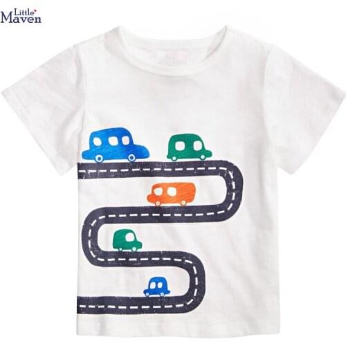 Little Maven New Summer Children Clothing White Cars Bend O-neck Short- sleeved Cotton Knitted Boys Casual Tshirts Tops