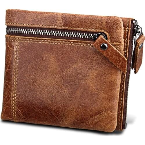 Quality Genuine Leather Mens Wallet Vintage Men Wallets Crazy Horse Leather Cash Organizer Zipper Coin Purse RFID Crad Holder