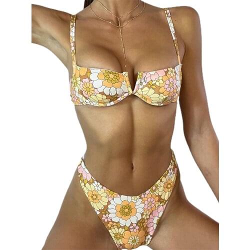 Two Pieces Women Bikini Set with Flower Pattern, Sexy V-neck Steel Ring Chest Pad Tropical Style Beachwear Summer Clothing