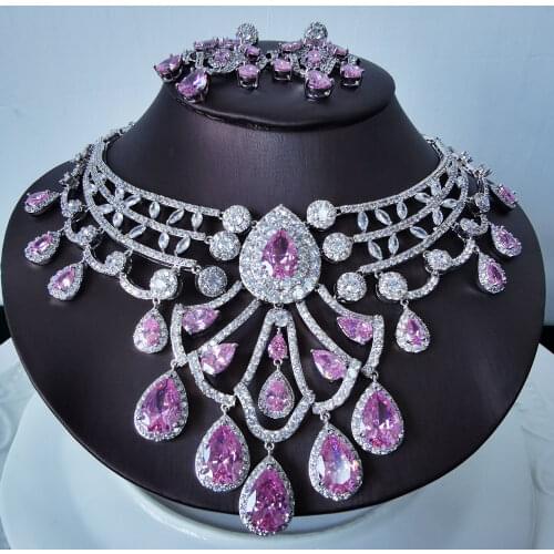2020 new fashion ROMANTIC pink water drop zircon necklace earring set,wedding bride dinner party dress jewelry free shipping